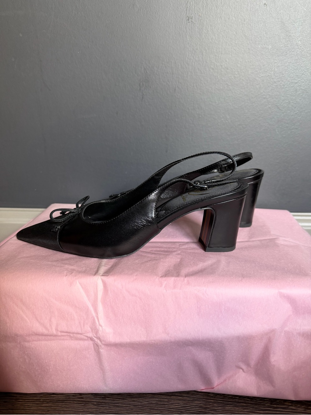 Sam Edelman Black Leather Slingback Pointed-Toe Kitten Heels